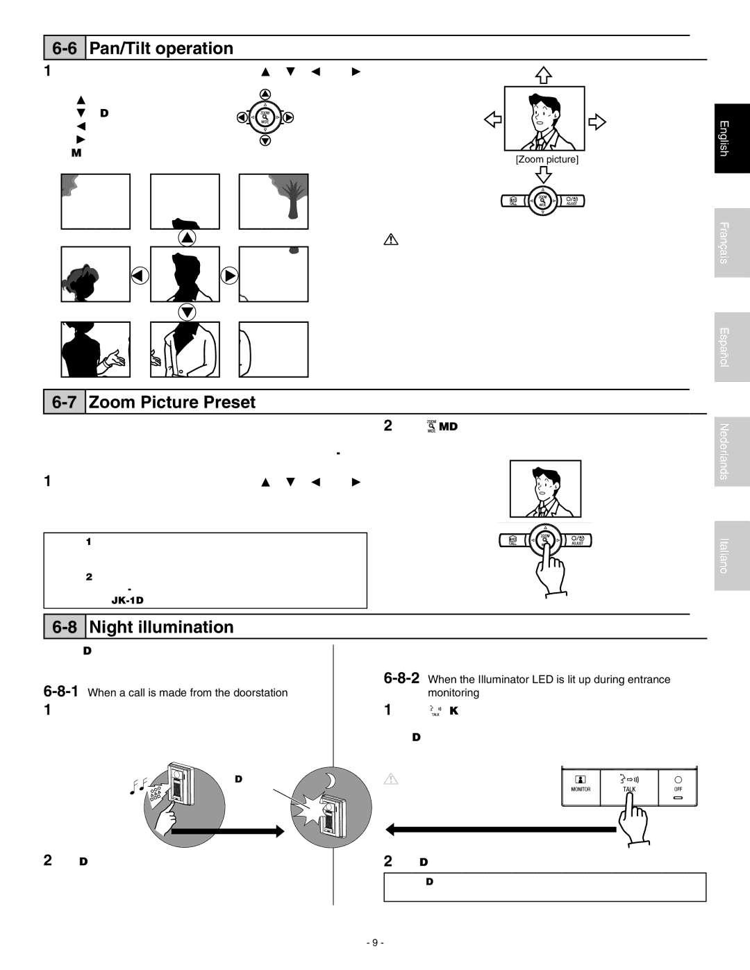 Aiphone JK-1MD operation manual Pan/Tilt operation, Zoom Picture Preset, Night illumination 