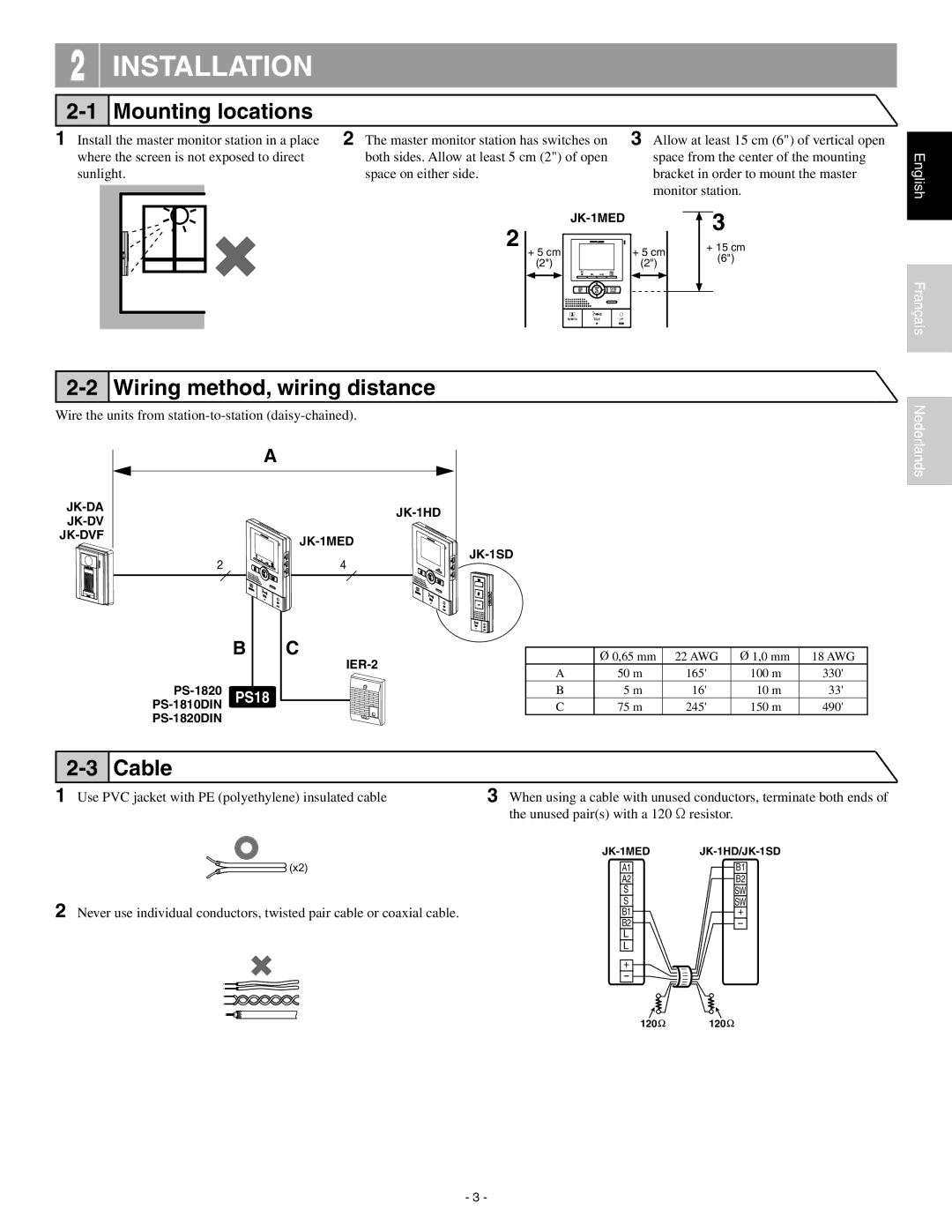 Aiphone JK-1MED Wiring method, wiring distance, Cable, Wire the units from station-to-station daisy-chained 