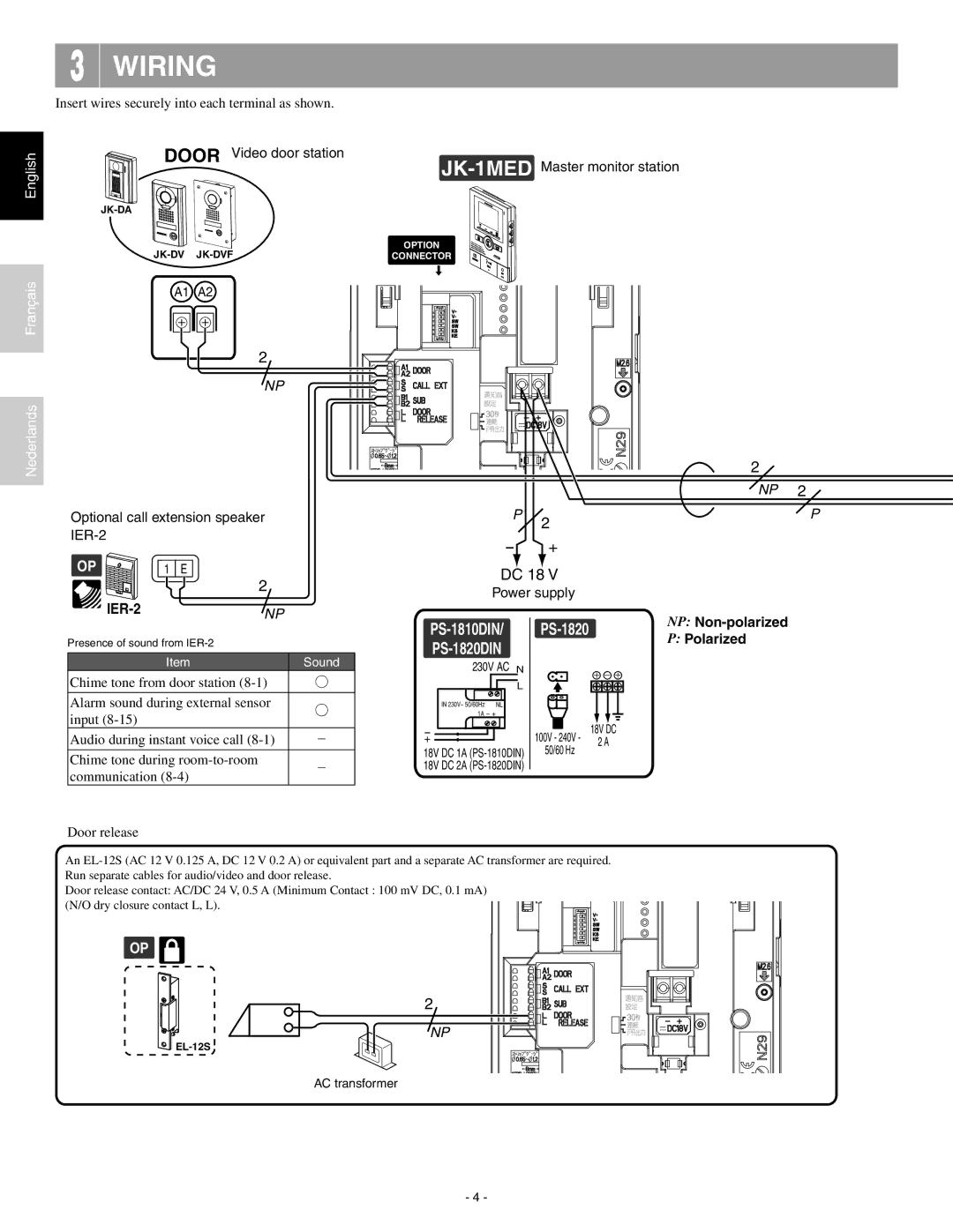 Aiphone JK-1MED operation manual Wiring, Insert wires securely into each terminal as shown, 230V AC N, AC transformer 