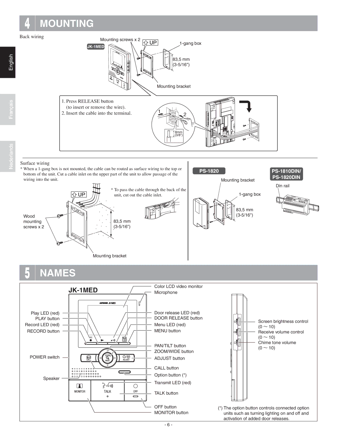 Aiphone JK-1MED operation manual Mounting, Names, Back wiring, Surface wiring 