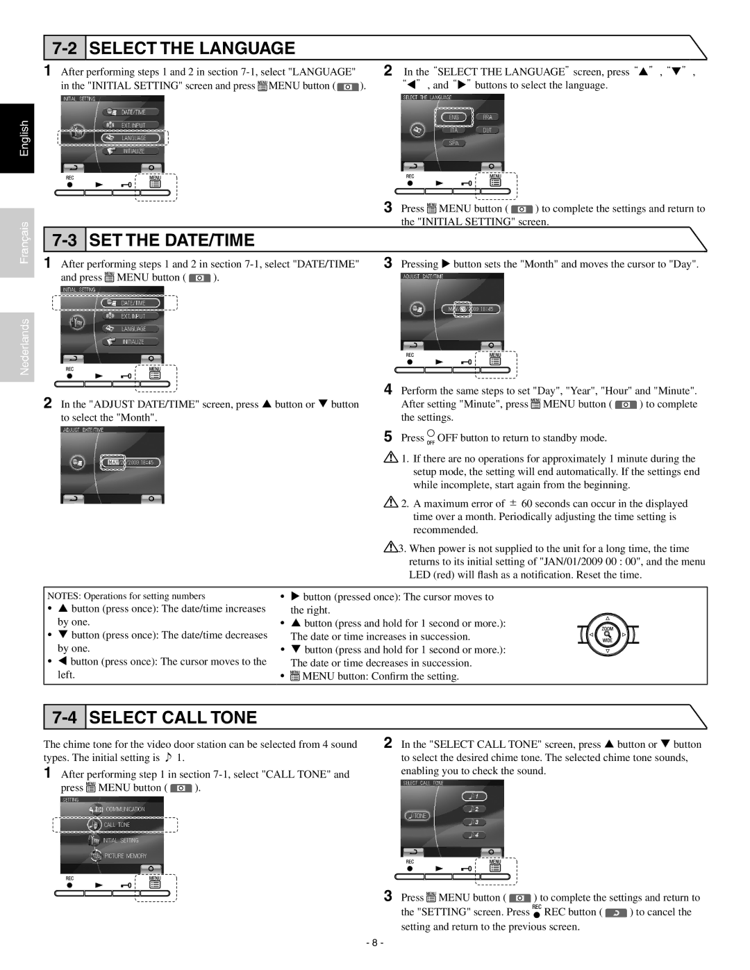 Aiphone JK-1MED operation manual After performing steps 1 and 2 in -1, select Language, Initial Setting screen 