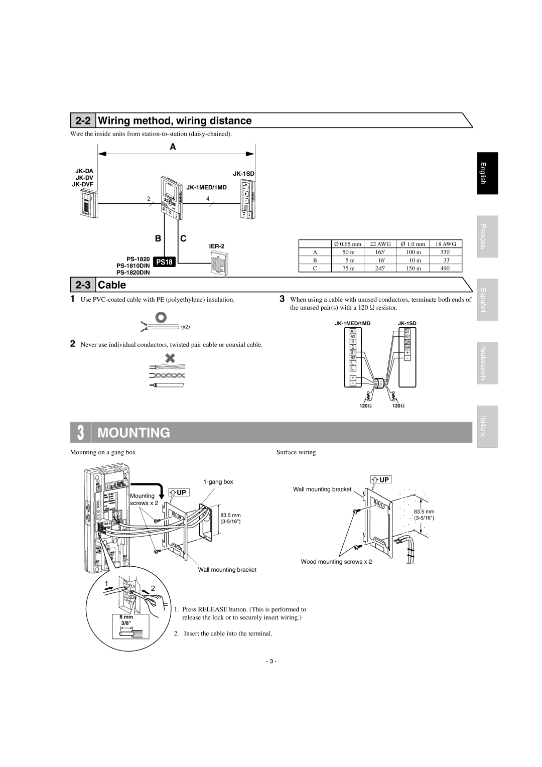 Aiphone JK-1SD operation manual Mounting, Wiring method, wiring distance, Cable 