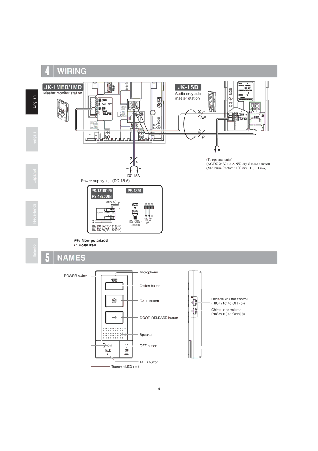 Aiphone JK-1SD operation manual Wiring, Names 