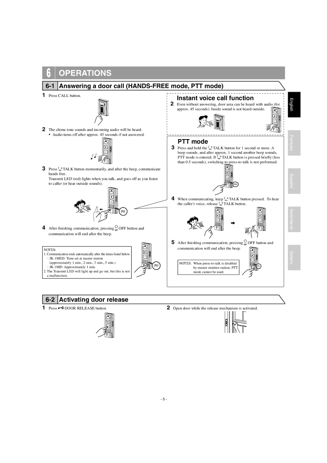 Aiphone JK-1SD operation manual Operations, Answering a door call HANDS-FREE mode, PTT mode, Instant voice call function 