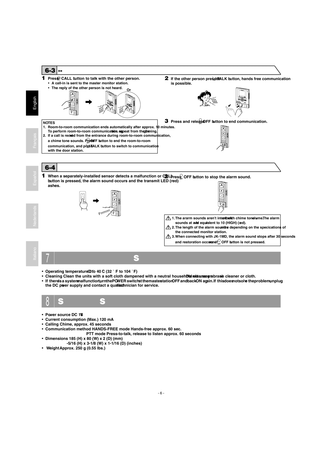 Aiphone JK-1SD Technical Precautions, Specifications, Room-to-room communication, If optional units are installed 