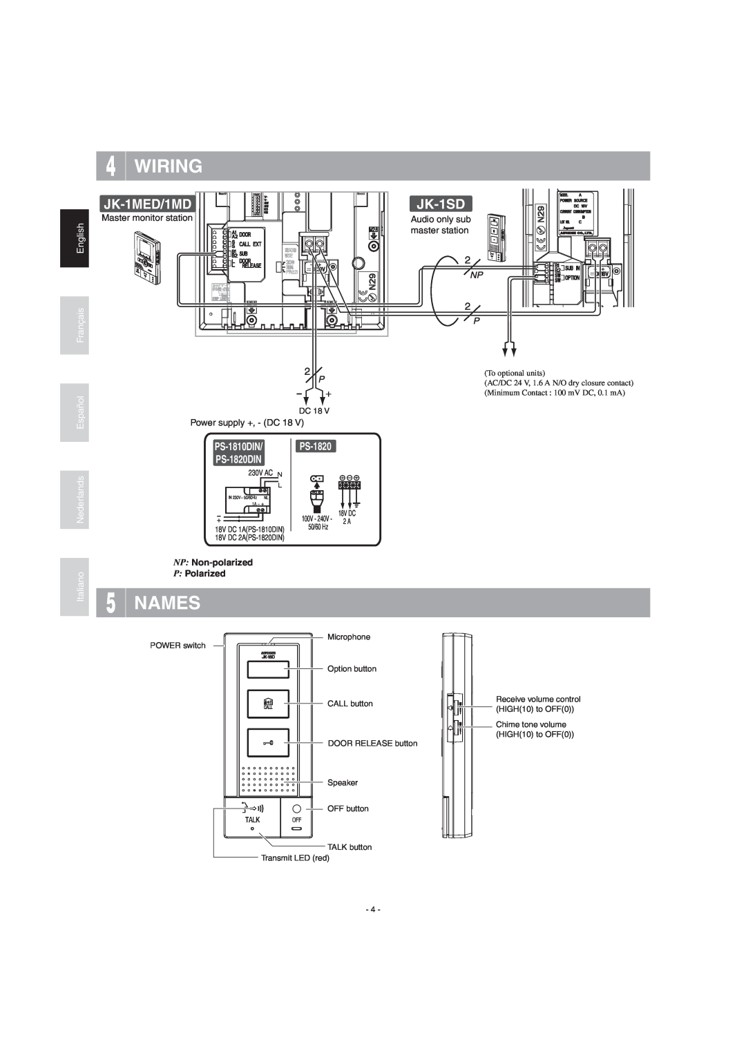 Aiphone JK-1SD Wiring, Names, English Français Español Nederlands Italiano, Master monitor station, Power supply +, - DC 