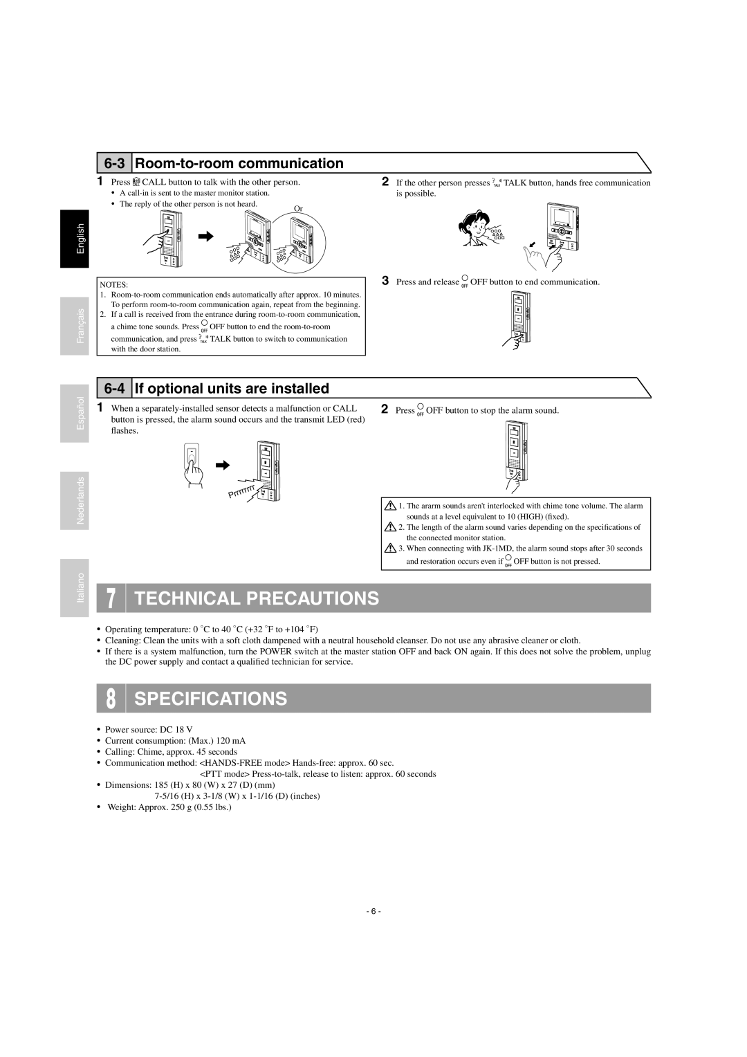 Aiphone JK-1SD Technical Precautions, Specifications, Room-to-roomcommunication, 6-4If optional units are installed 
