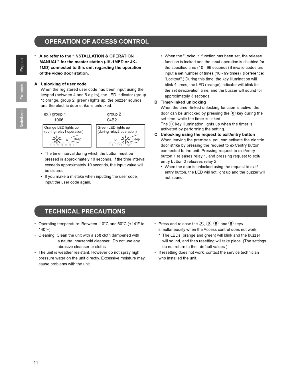 Aiphone JK-DVF-AC Operation of Access Control, Technical Precautions, Unlocking of user code, Timer-linked unlocking 