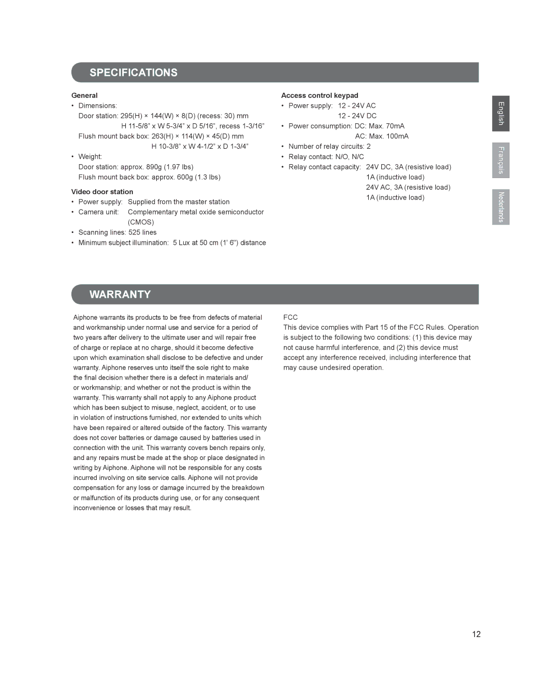 Aiphone JK-DVF-AC operation manual Specifications, Warranty, General, Video door station, Access control keypad 