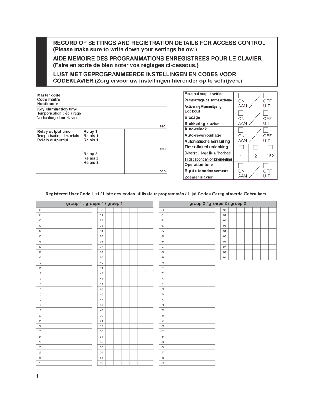 Aiphone JK-DVF-AC operation manual Off, Aan Uit, Group 1 / groupe 1 / groep Group 2 / groupe 2 / groep 