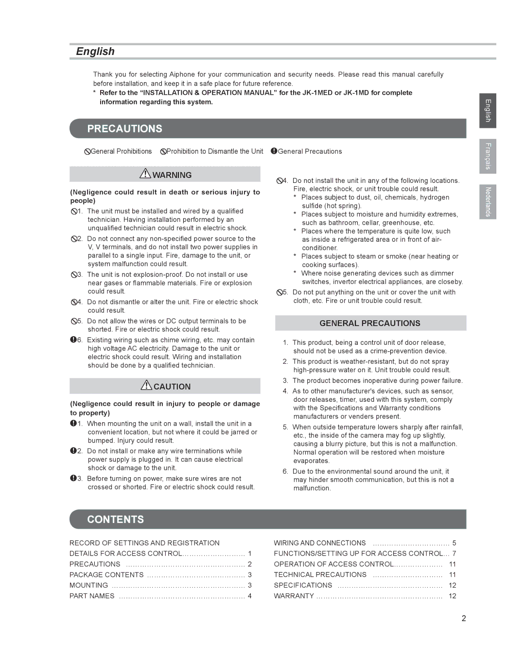 Aiphone JK-DVF-AC operation manual Precautions, Contents 