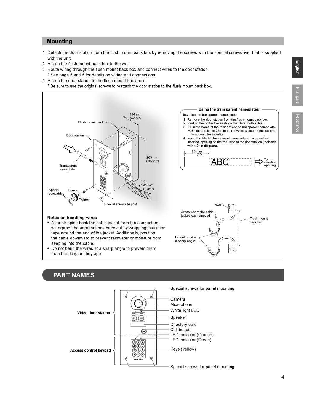 Aiphone JK-DVF-AC operation manual Part Names, Mounting 