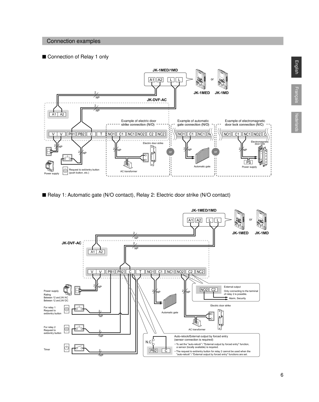 Aiphone JK-DVF-AC operation manual Connection examples, Connection of Relay 1 only 