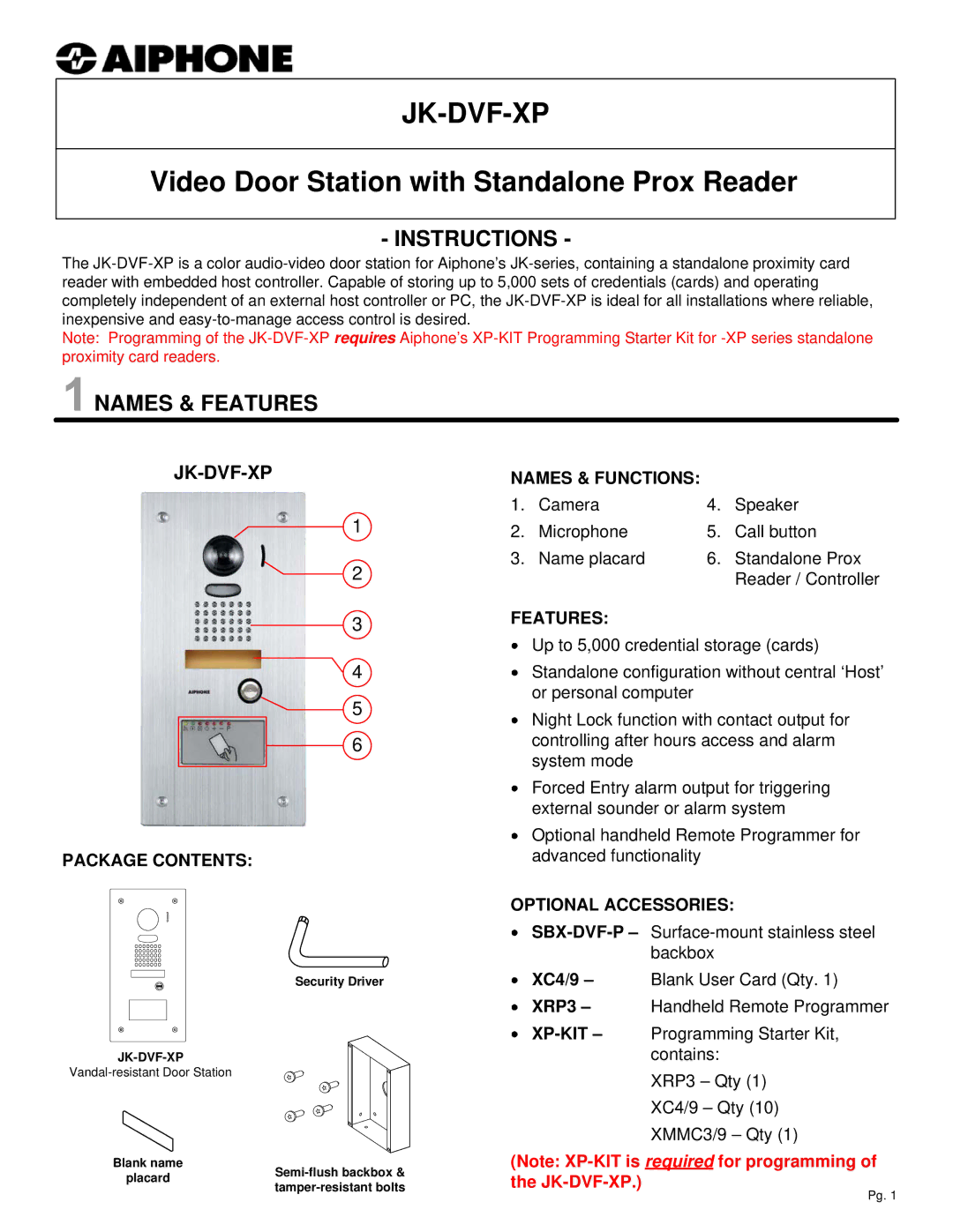 Aiphone JK-DVF-XP manual Instructions, Names & Features, Jk-Dvf-Xp 