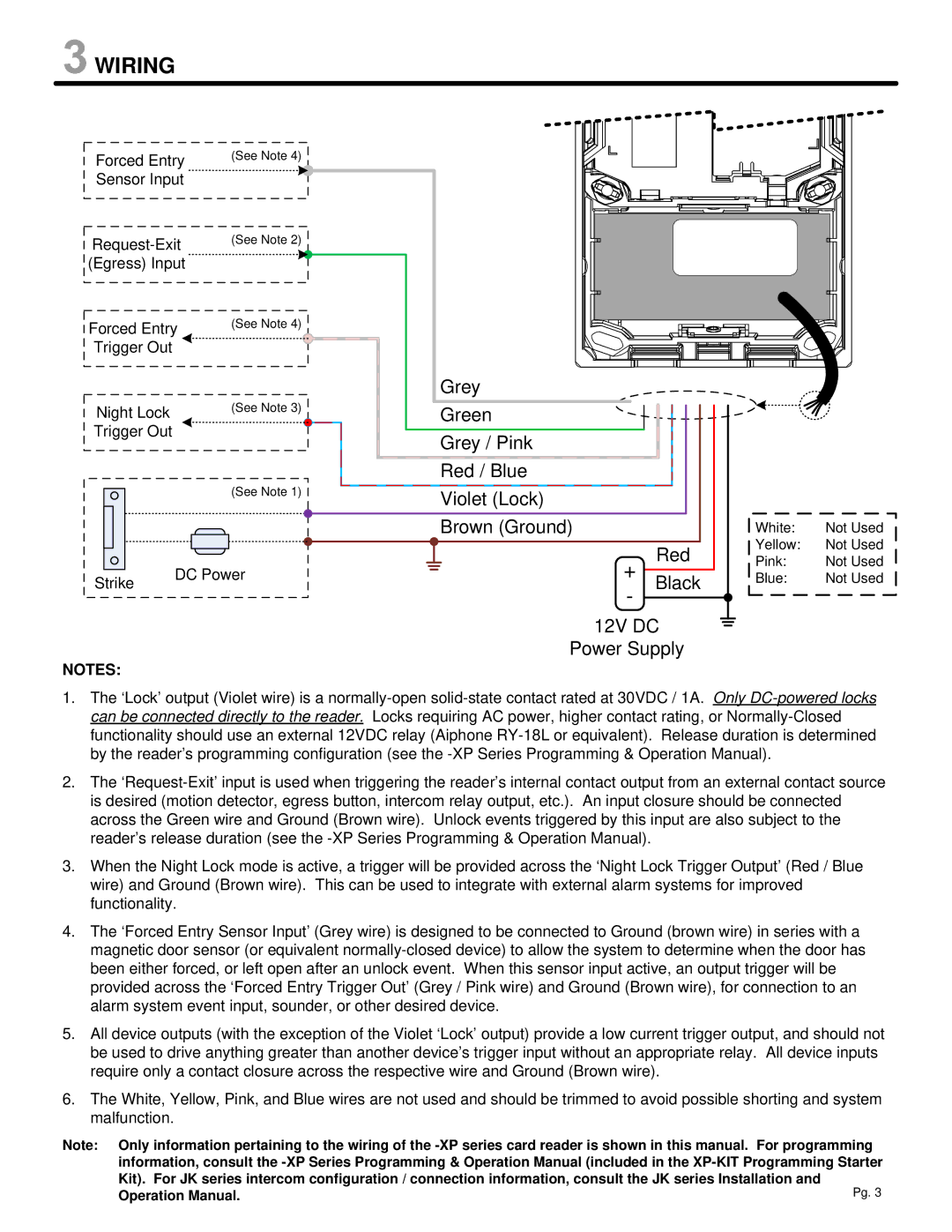 Aiphone JK-DVF-XP manual Wiring, Grey Green Grey / Pink Red / Blue Violet Lock Brown Ground, Black, 12V DC Power Supply 