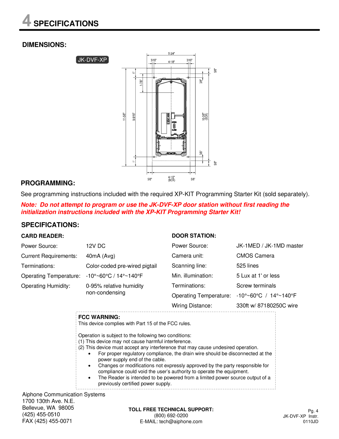 Aiphone JK-DVF-XP manual Specifications, Dimensions, Programming 