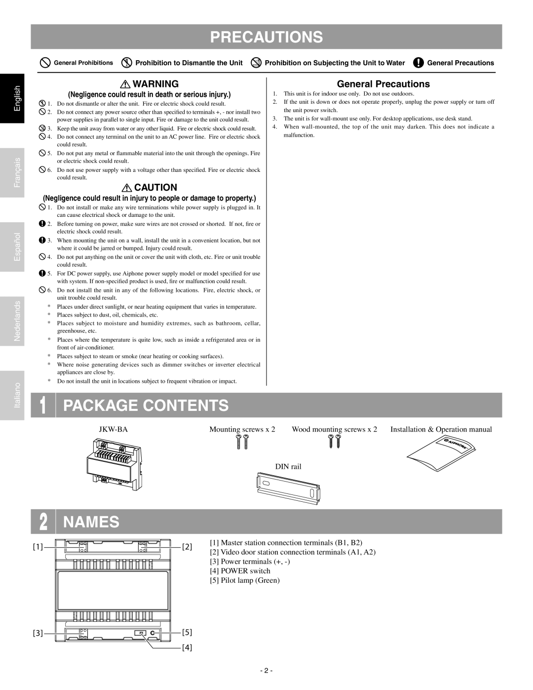 Aiphone JKW-BA installation manual Precautions, Package Contents, Names, English Français Español Nederlands 