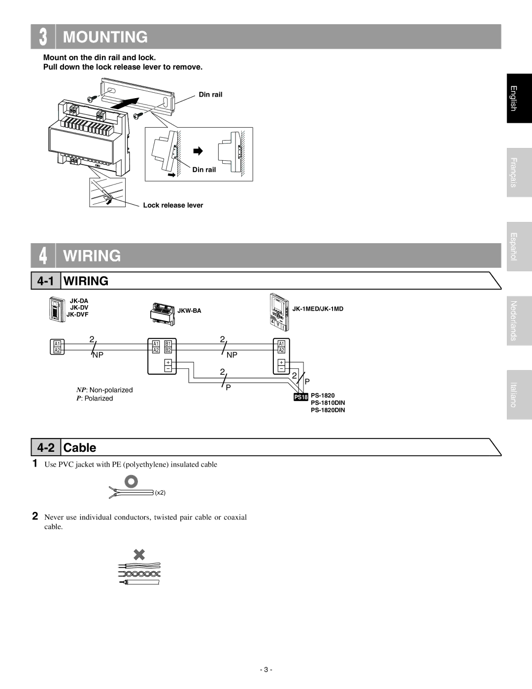 Aiphone JKW-BA installation manual Mounting, Wiring, Cable, English Français Español, Nederlands Italiano 