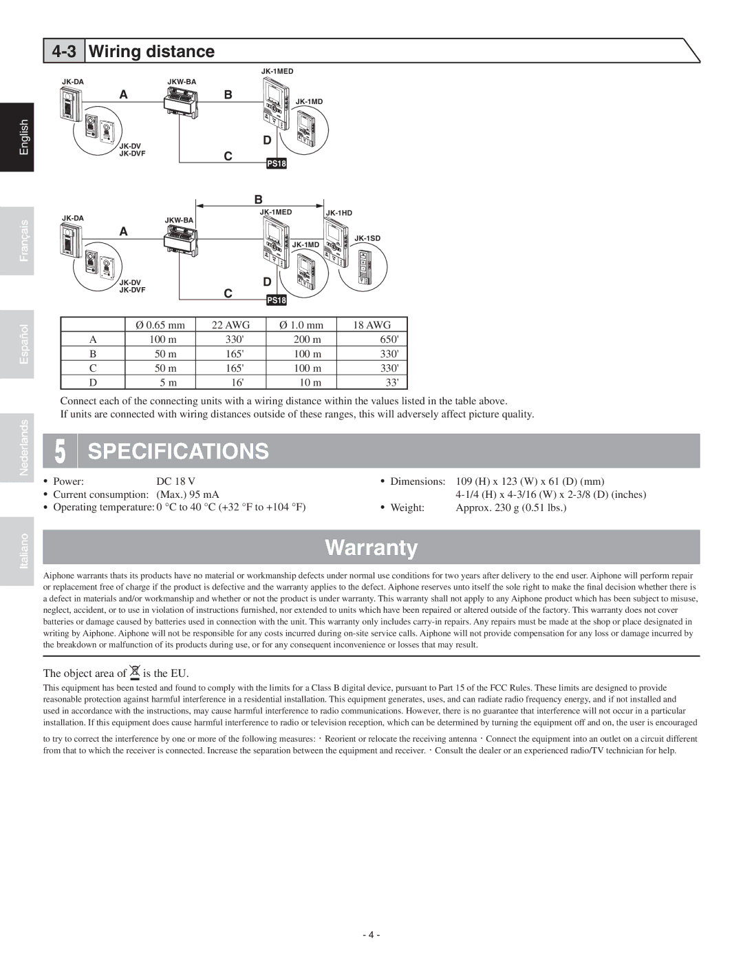 Aiphone JKW-BA installation manual Specifications, Warranty, Wiring distance, English 