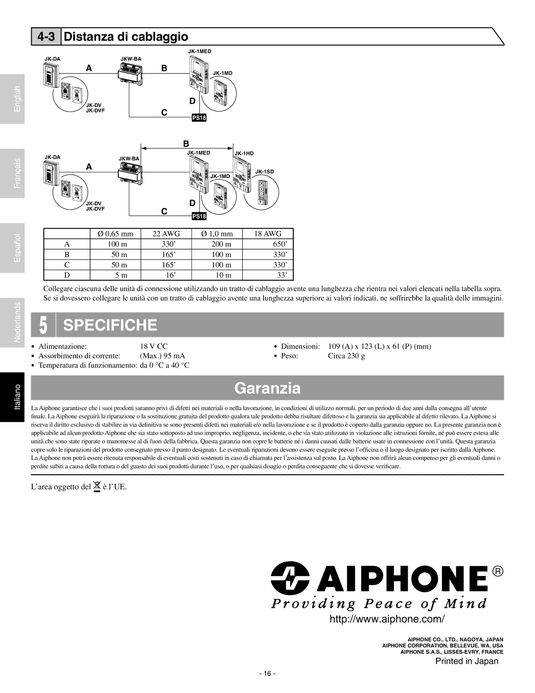 Aiphone JKW-BA installation manual Specifiche, Garanzia, Distanza di cablaggio 