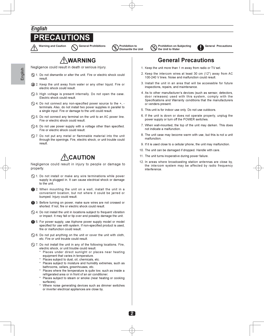 Aiphone JKW-IP installation manual Precautions, Negligence could result in death or serious injury 