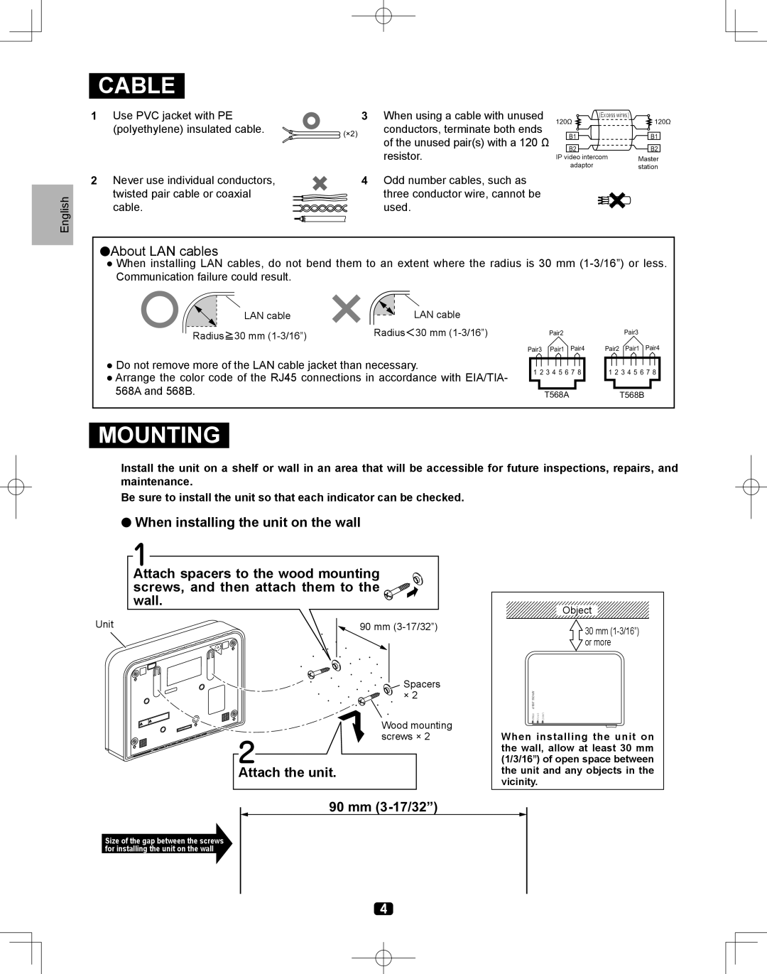 Aiphone JKW-IP installation manual Cable, Mounting, Attach the unit, 90 mm 3-17/32 