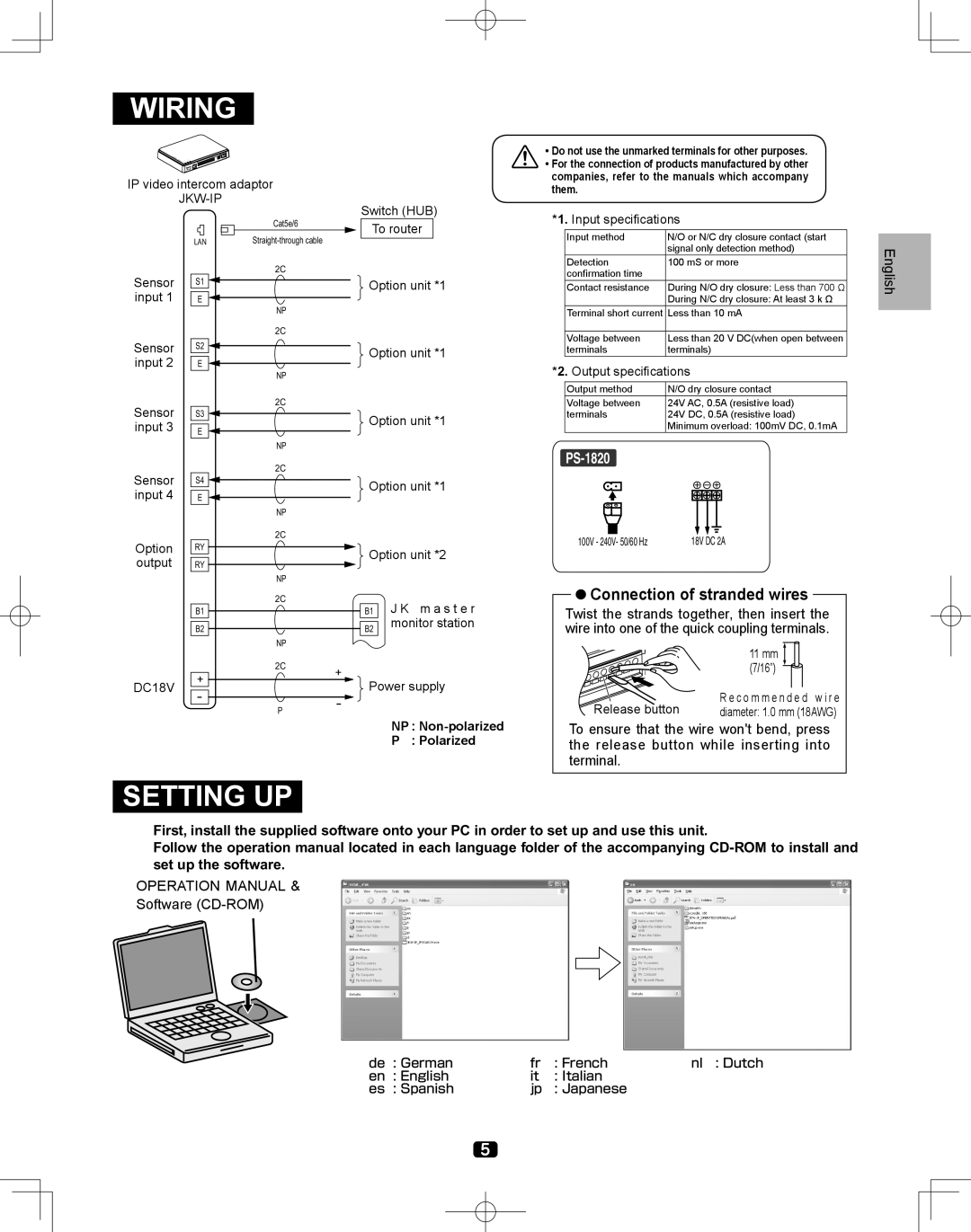 Aiphone JKW-IP installation manual Wiring, Setting UP, Connection of stranded wires 