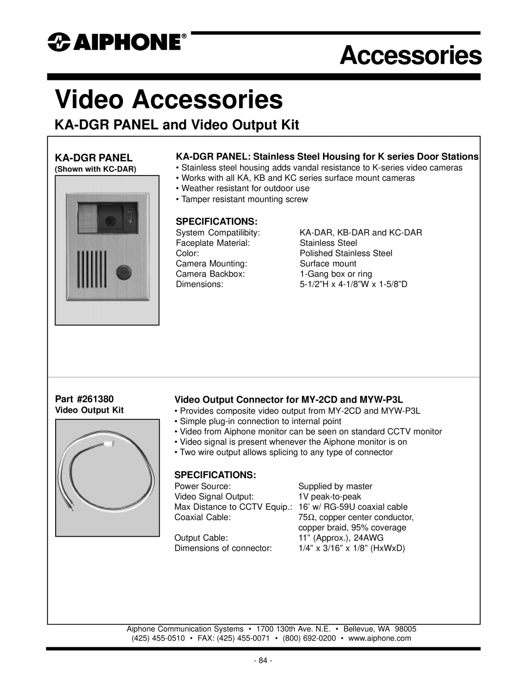 Aiphone specifications KA-DGR Panel and Video Output Kit 