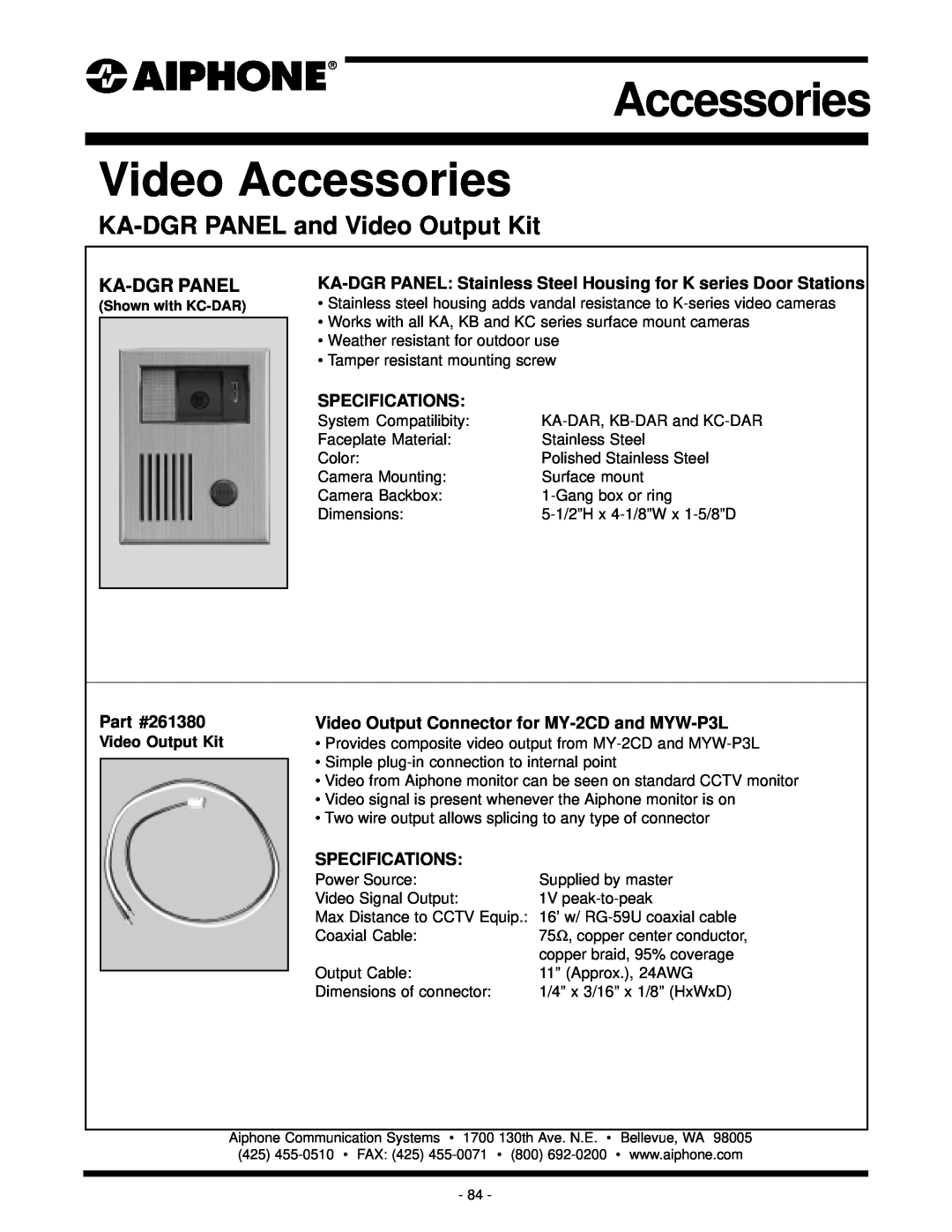 Aiphone specifications Accessories Video Accessories, KA-DGRPANEL and Video Output Kit, Ka-Dgrpanel, Specifications 