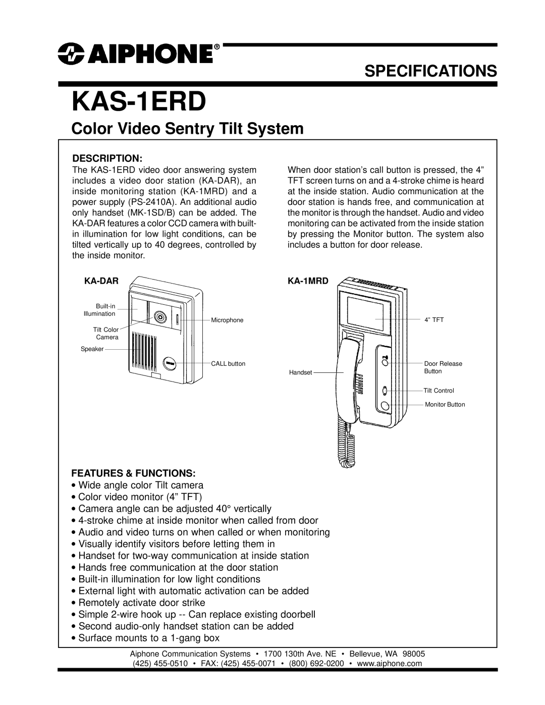 Aiphone KAS-1ERD specifications Color Video Sentry Tilt System, Description, Features & Functions 