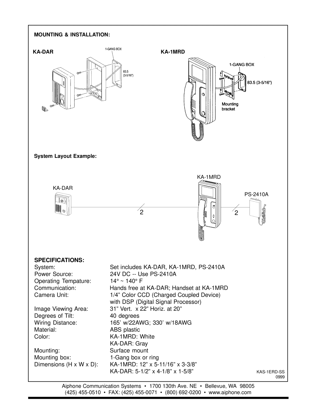 Aiphone KAS-1ERD specifications Specifications, Mounting & Installation KA-DAR KA-1MRD 