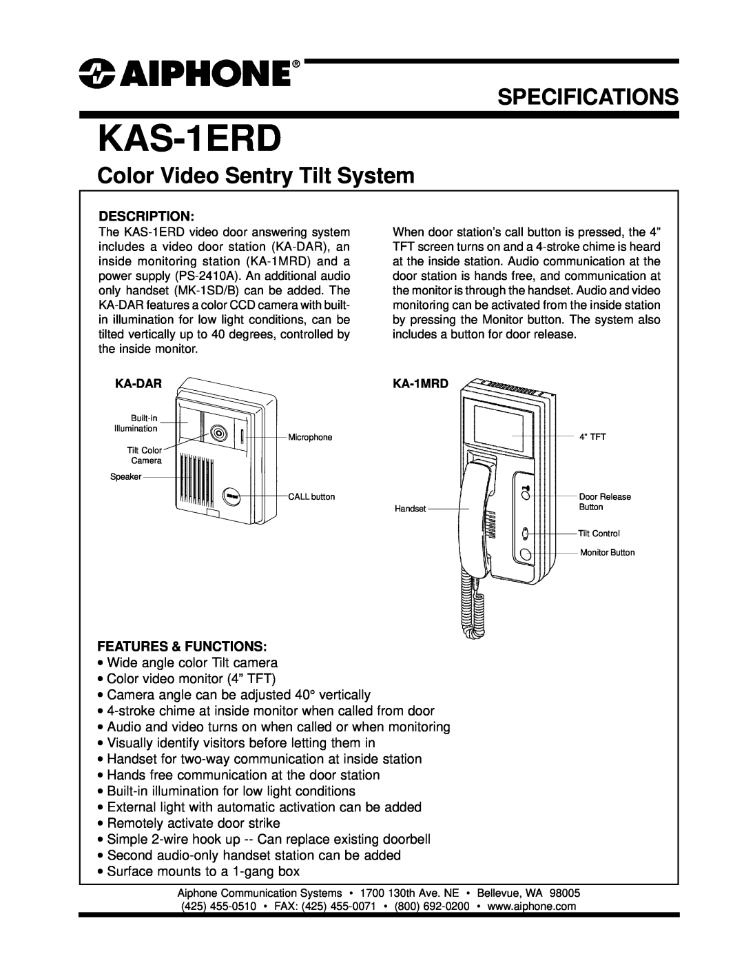 Aiphone KAS-1ERD specifications Description, Features & Functions, Specifications, Color Video Sentry Tilt System 