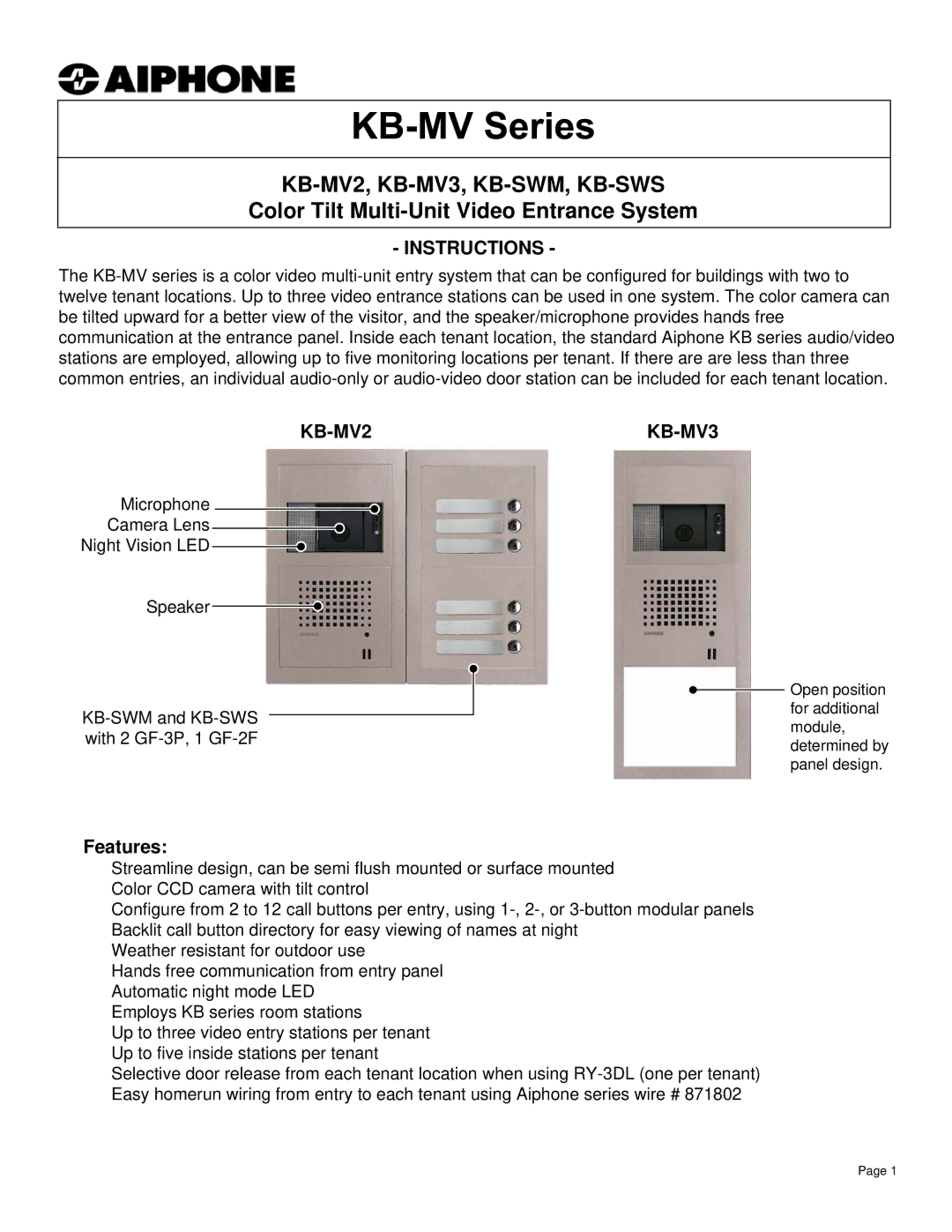 Aiphone KB-SWS, KB-MV3, KB-SWM manual Instructions, KB-MV2, Features 