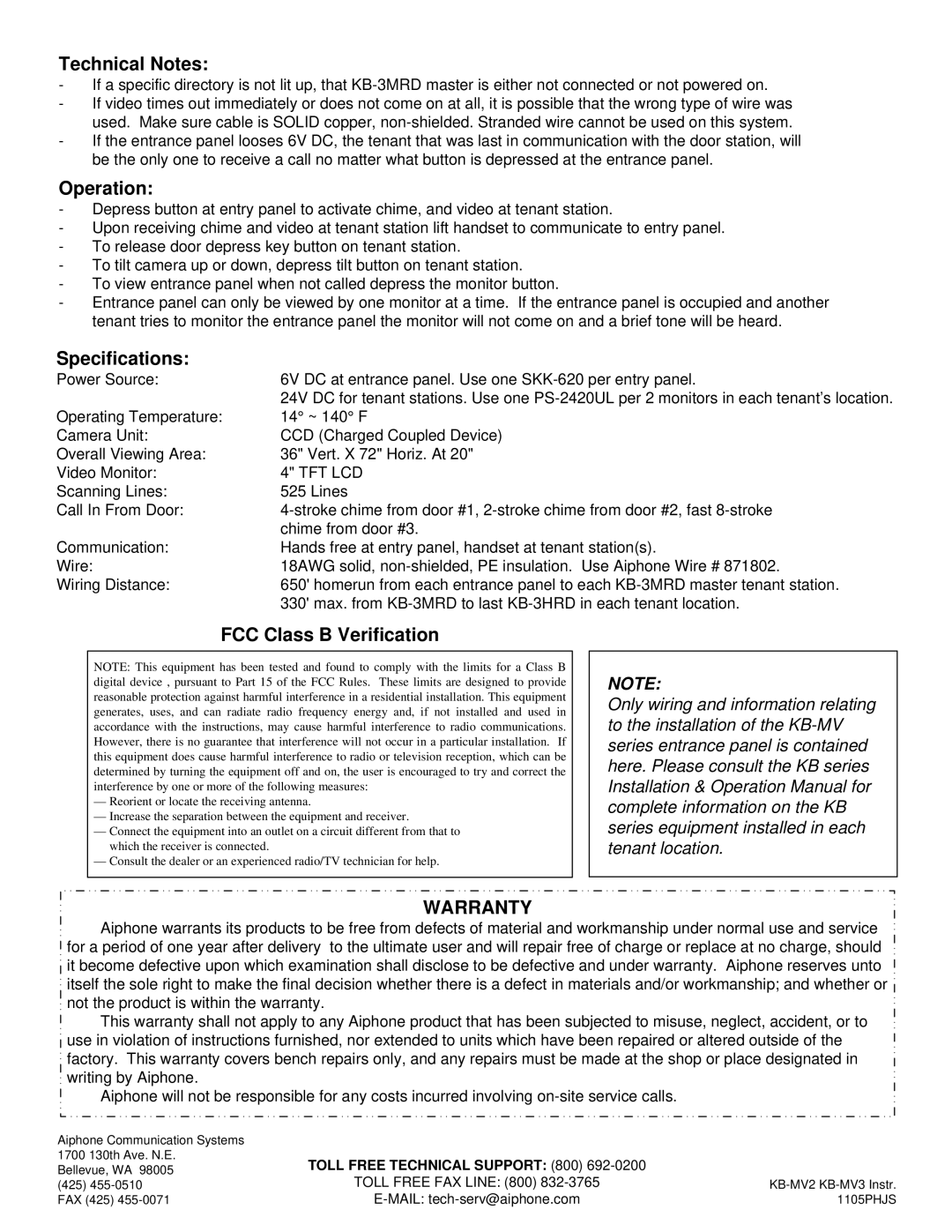 Aiphone KB-MV3, KB-SWS, KB-SWM, KB-MV2 manual Technical Notes, Operation, Specifications, FCC Class B Verification, Warranty 