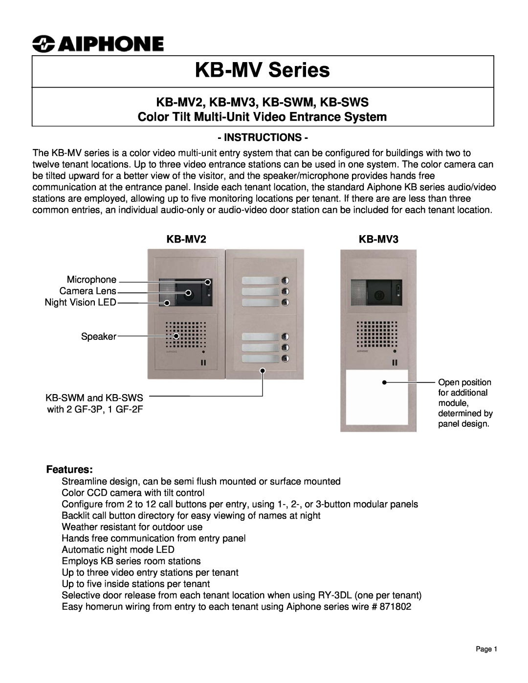 Aiphone manual Instructions, Features, KB-MV2, KB-MV3, KB-SWM, KB-SWS 