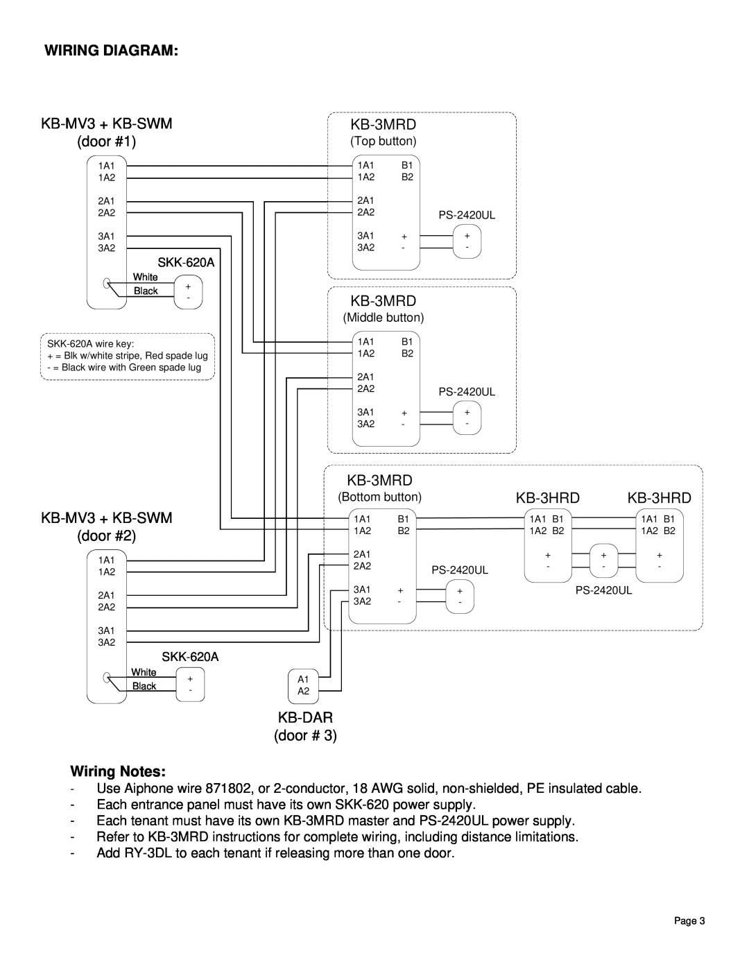 Aiphone KB-MV2, KB-SWS Wiring Diagram, KB-MV3 + KB-SWM door #1, KB-3MRD, KB-MV3 + KB-SWM door #2, KB-3HRD, KB-DAR door # 