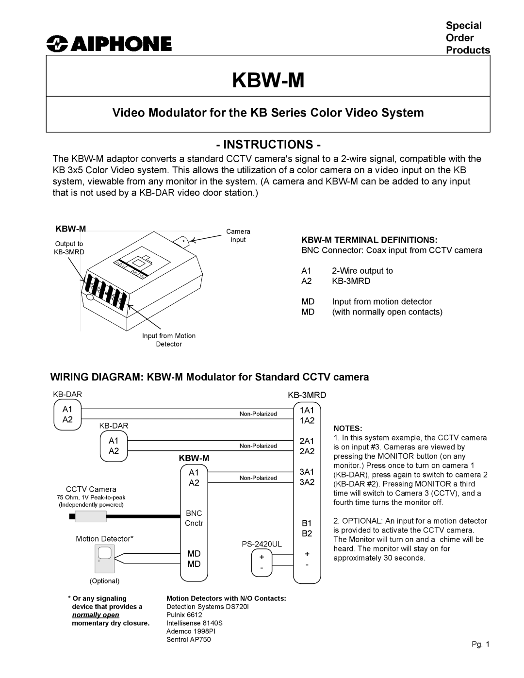 Aiphone manual Kbw-M, Instructions, Special Order Products, Wiring Diagram KBW-M Modulator for Standard Cctv camera 