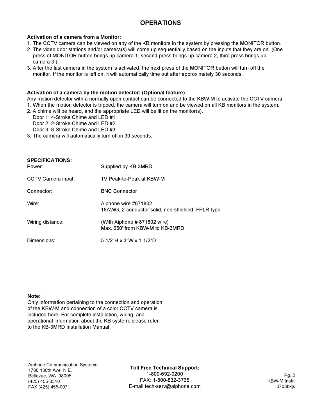 Aiphone KBW-M manual Operations, Activation of a camera from a Monitor, Specifications, Fax, Mail tech-serv@aiphone.com 