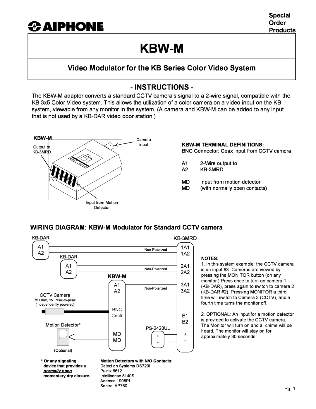 Aiphone manual Special Order Products, WIRING DIAGRAM KBW-M Modulator for Standard CCTV camera, Kbw-M 