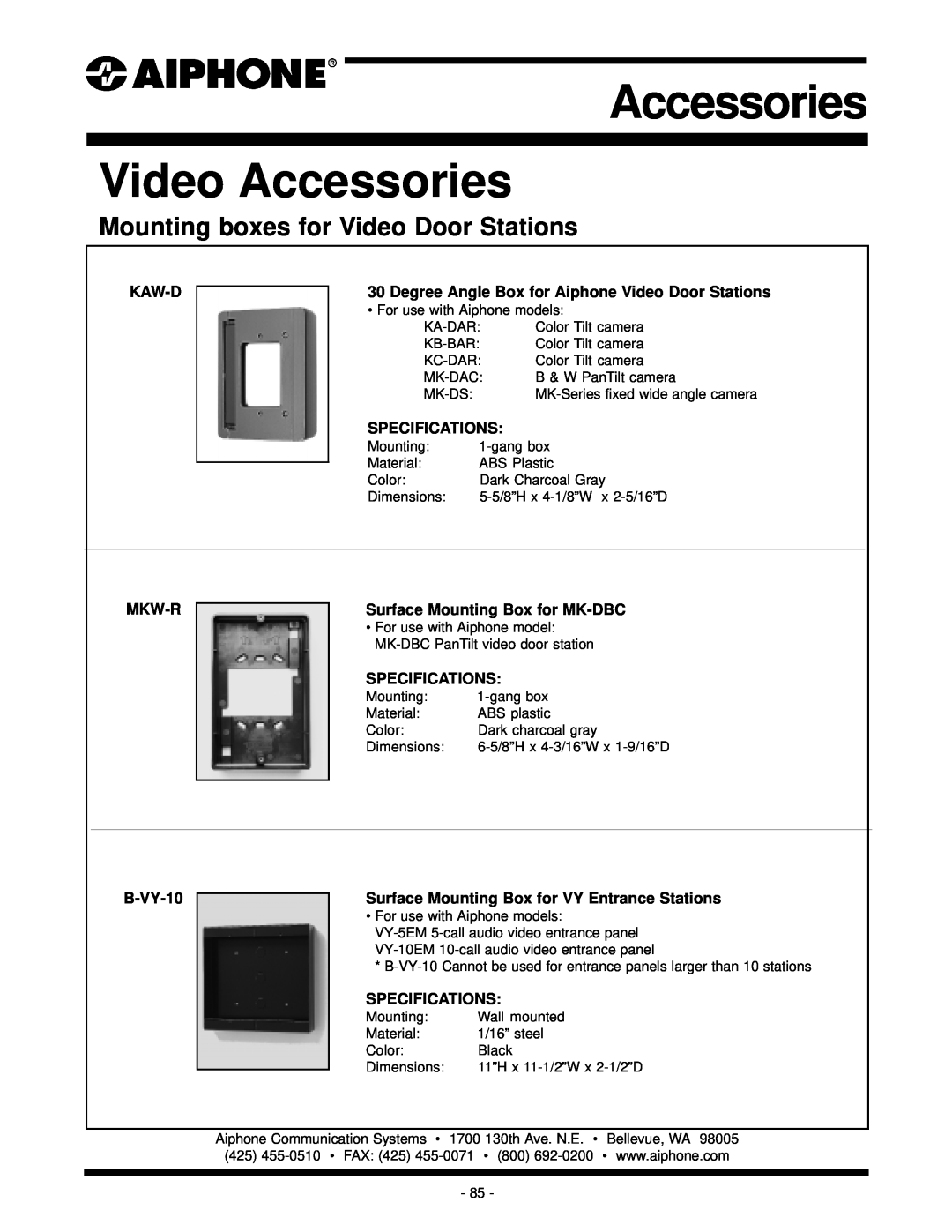 Aiphone KB-DAR Mounting boxes for Video Door Stations, Kaw-D, Specifications, Mkw-R, Surface Mounting Box for MK-DBC 