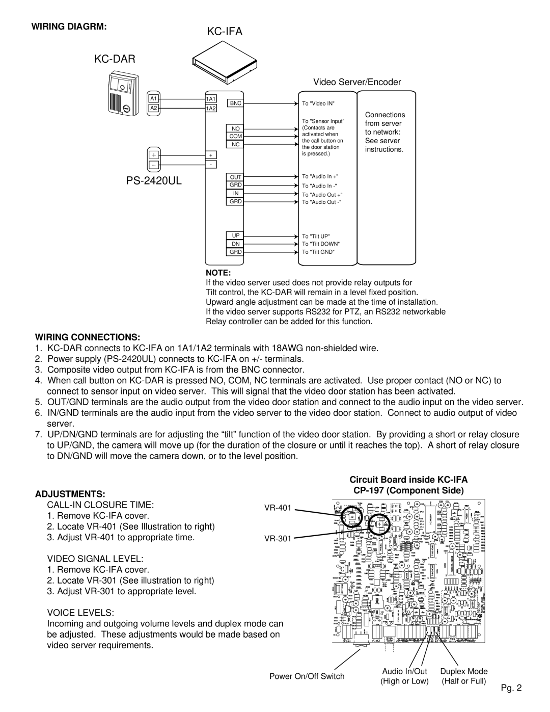 Aiphone KC-IFA specifications Kc-Dar Kc-Ifa, PS-2420UL, Wiring Diagrm, Wiring Connections, Adjustments 