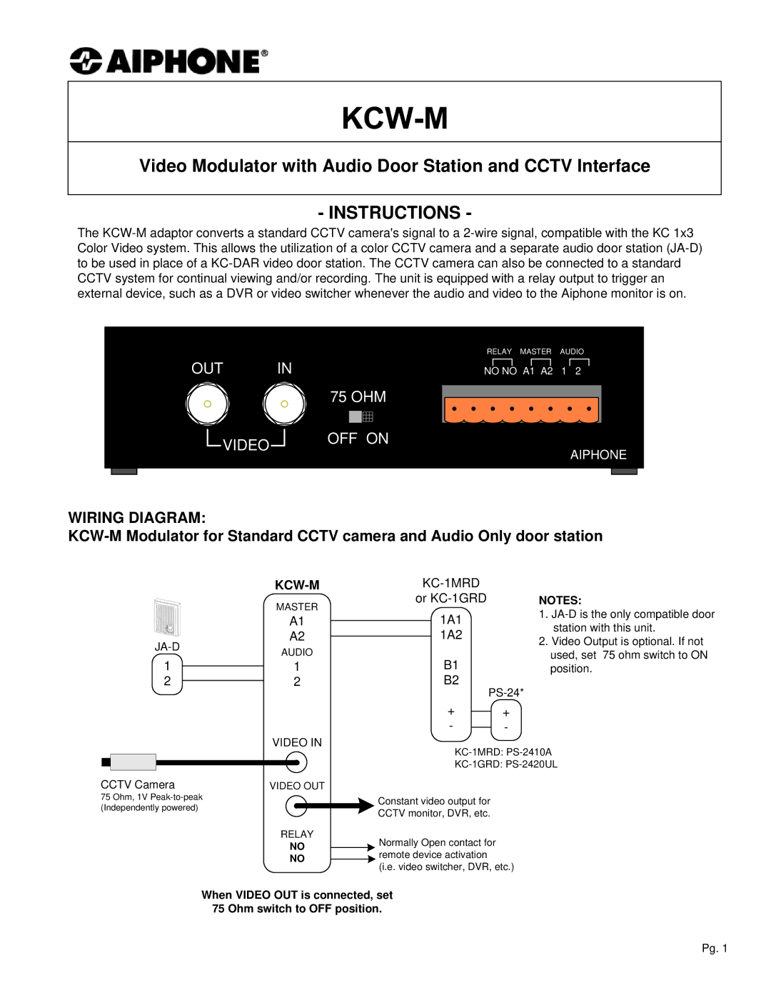 Aiphone KCW-M manual Wiring Diagram, Kcw-M, KC-1MRD 