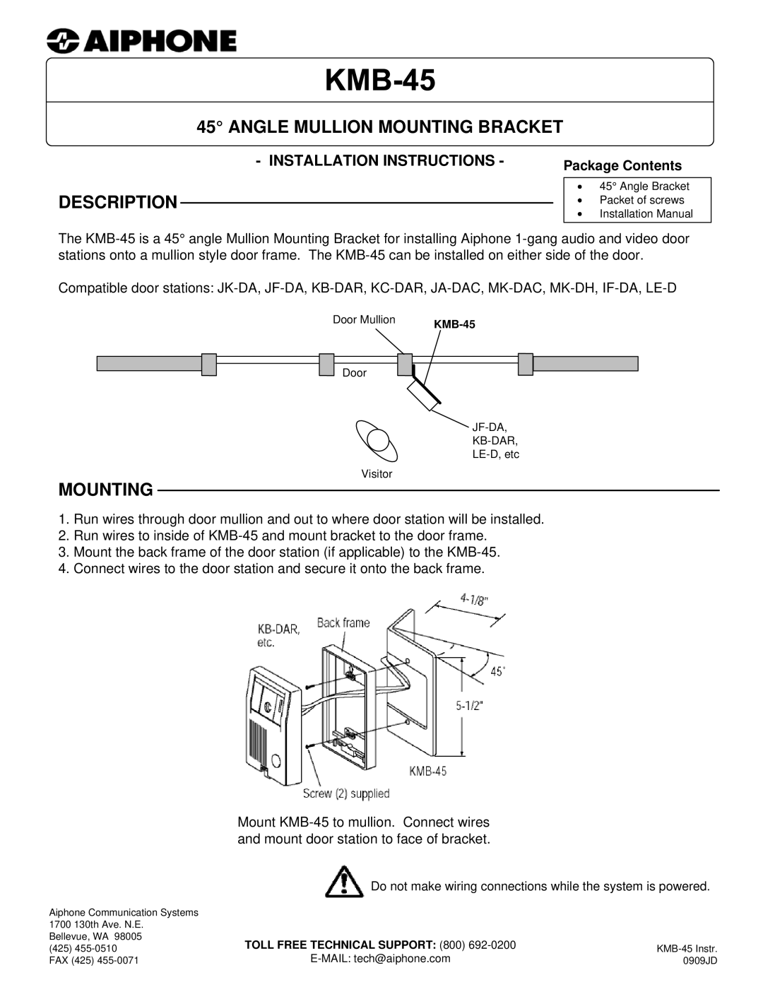 Aiphone KMB-45 installation instructions Angle Mullion Mounting Bracket, Description 