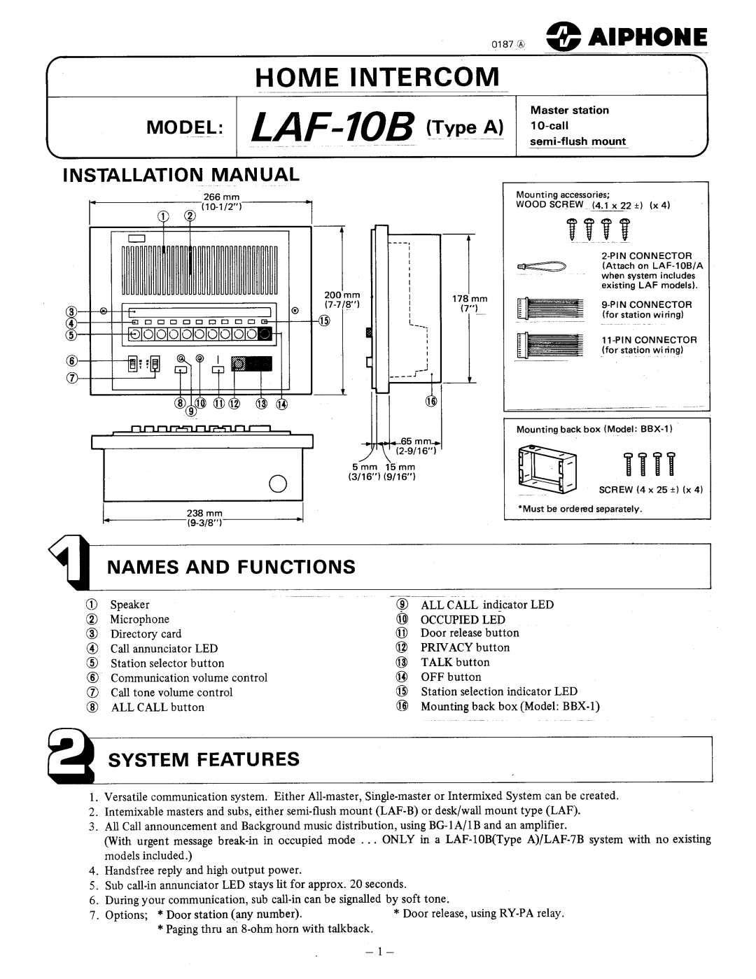 Aiphone LAF-10B (typeA) manual 