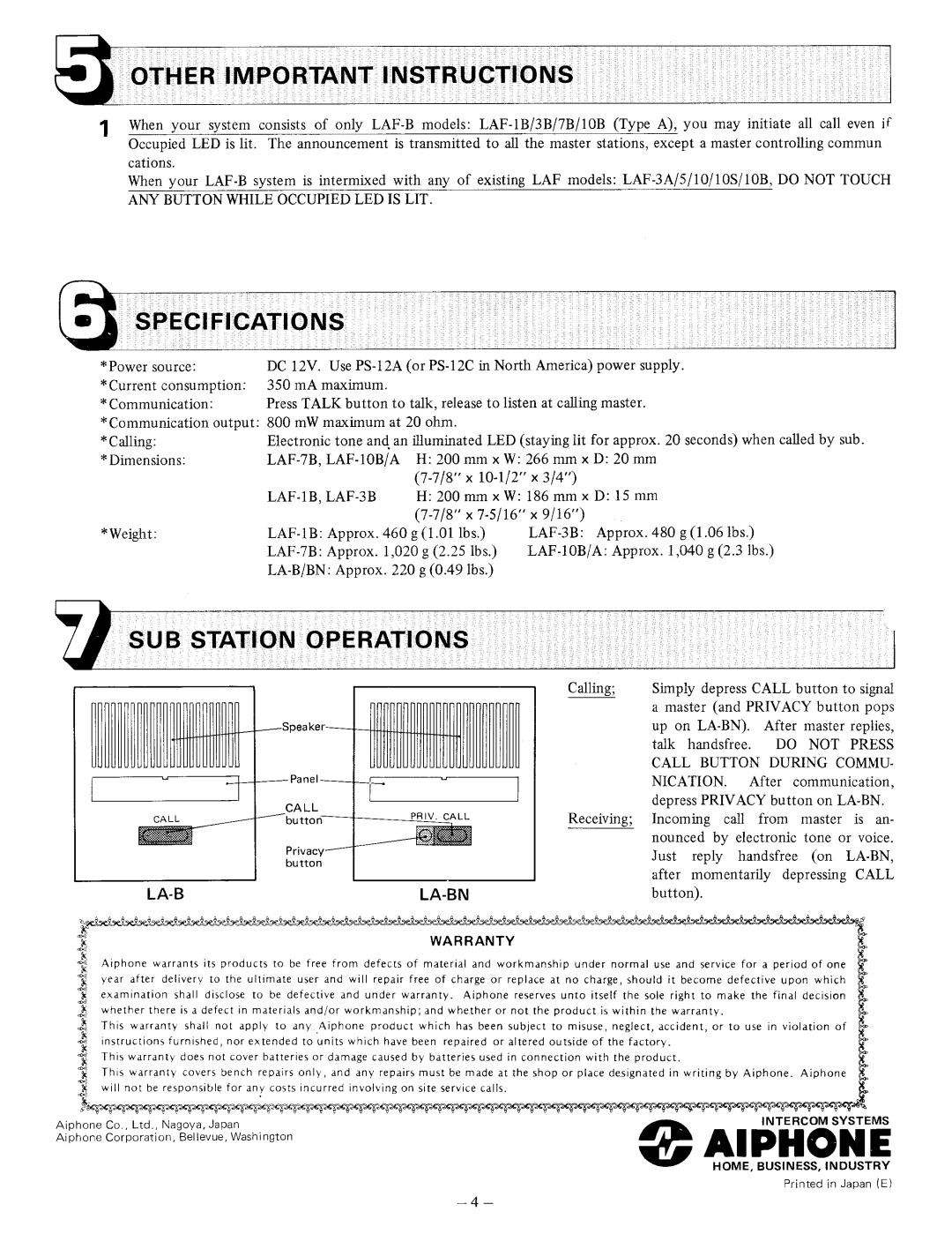 Aiphone LAF-1B, LAF-10B, LAF-7B, LAF-3B manual 