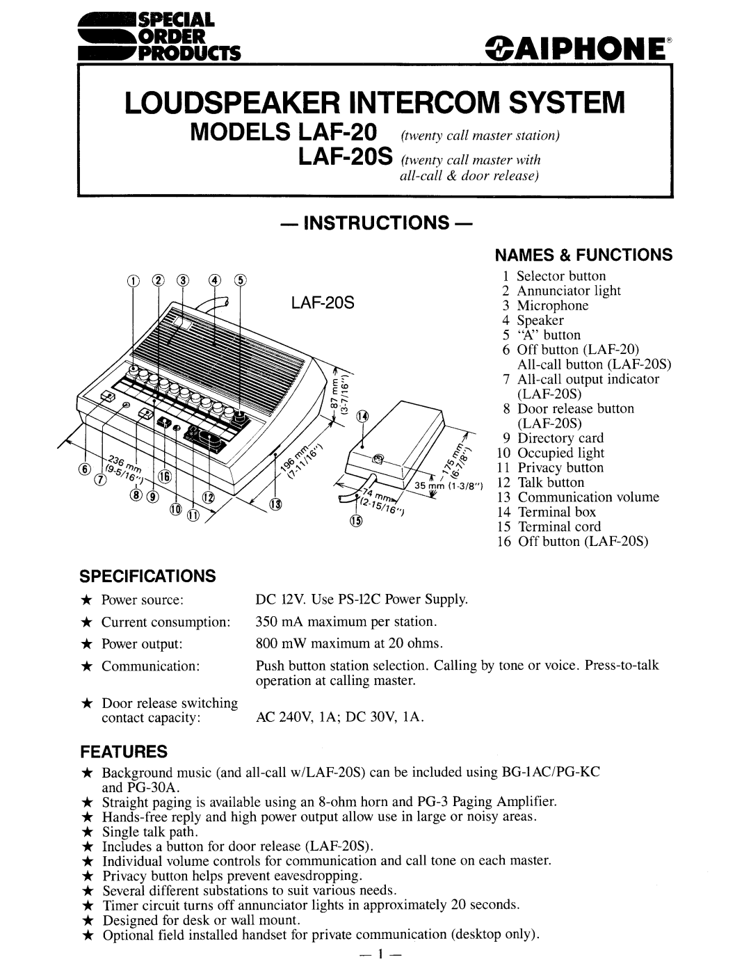 Aiphone LAF-20 manual 