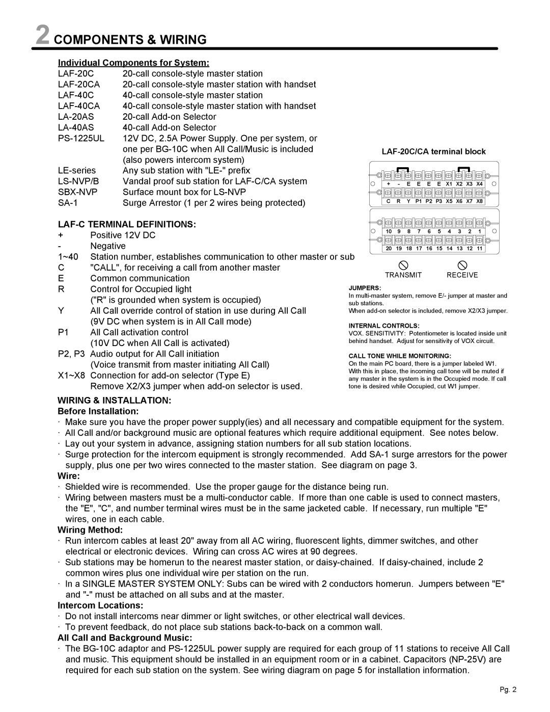 Aiphone LAF-20CA, LAF-40CA manual Components & Wiring, LAF-C Terminal Definitions, Wiring & Installation 