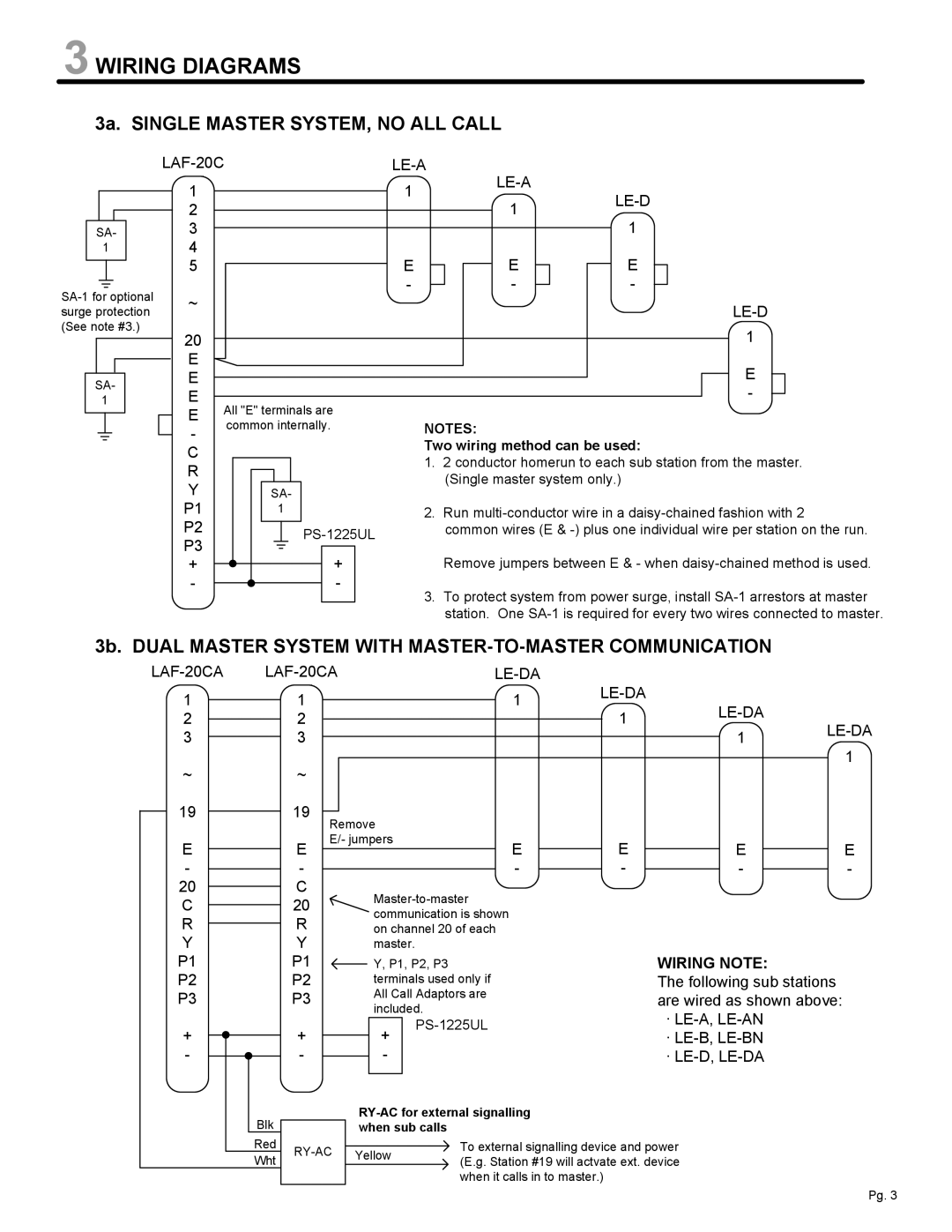 Aiphone LAF-20CA, LAF-40CA manual Wiring Diagrams, 3a. Single Master SYSTEM, no ALL Call, Wiring Note 