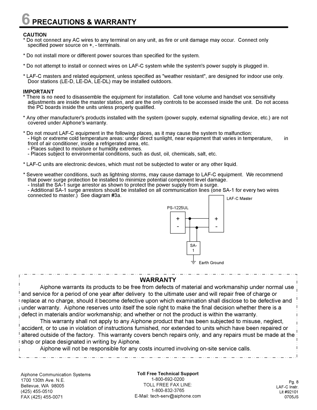 Aiphone LAF-20CA, LAF-40CA manual Precautions & Warranty, Toll Free Technical Support 