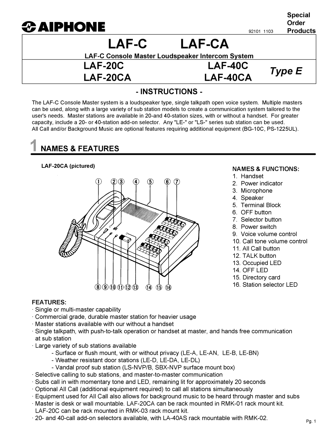 Aiphone LAF-CA manual Instructions, Names & Features, Special, Order, LAF-C Console Master Loudspeaker Intercom System 